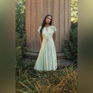 Mac Duggal 94128 Seafoam Embellished Bow Flutter Sleeve A Line Midi Dress Sz 10